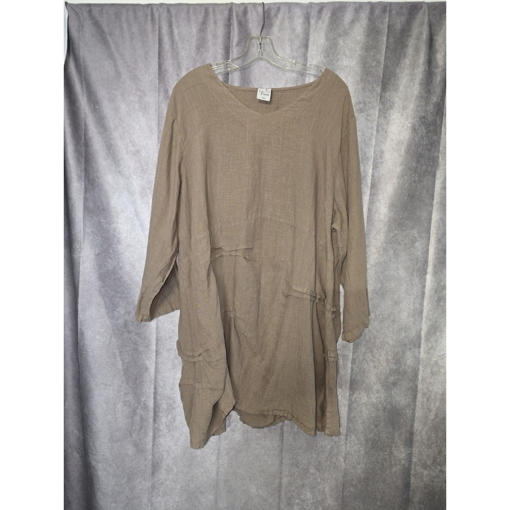 La Fixsun Tunic Top Women Brown 100% Linen V Neck 3/4 Sleeve Lagenlook Artsy USA